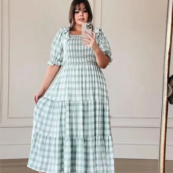 JessaKae Orchard Green & White Gingham Dress Cottagecore Prariecore Elastic | S - Picture 12 of 16